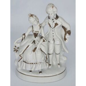 Vintage White And Gold Porcelain Courting Couple Hand Painted Colonial Figurine